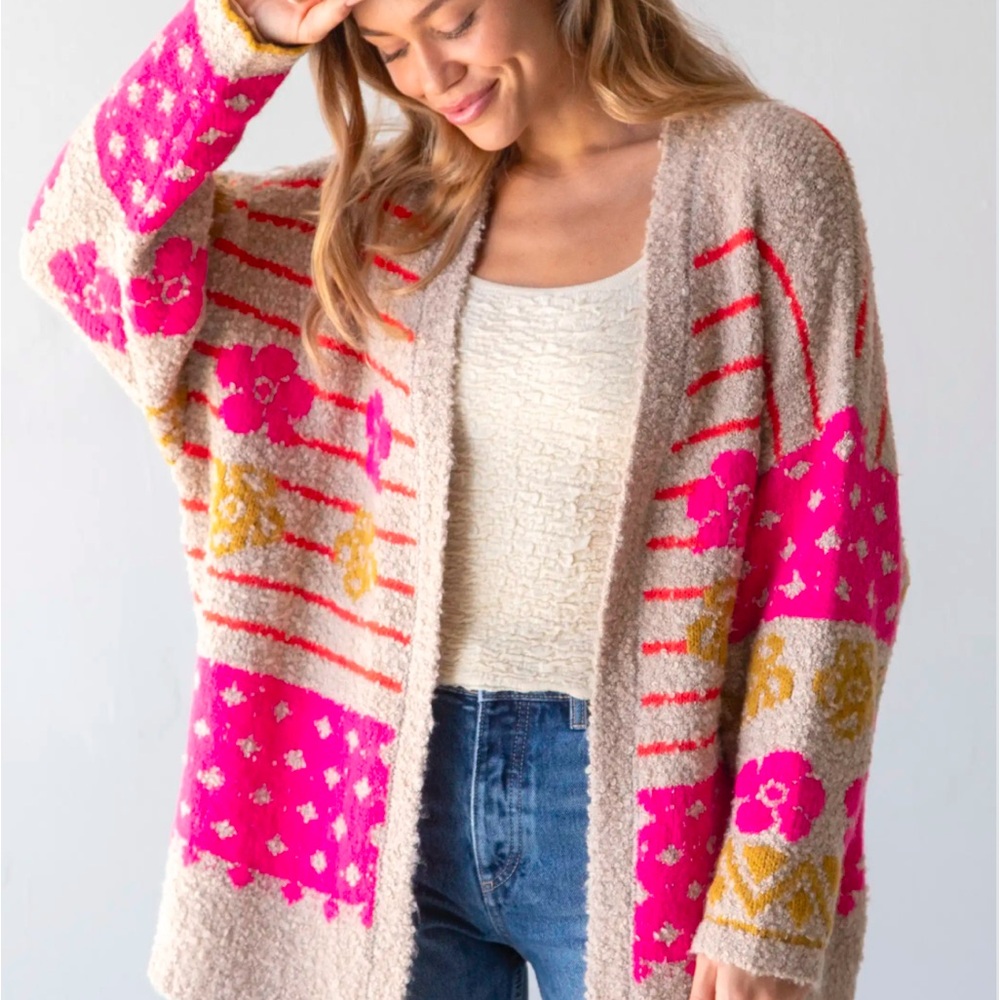 Natural Life Calla Jacquard Pink Flower Cardigan